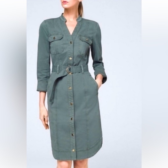 White House Black Market Dresses & Skirts - WHBM Denim Shirt Dress with Belt and Gold Button Details in Green Size 12